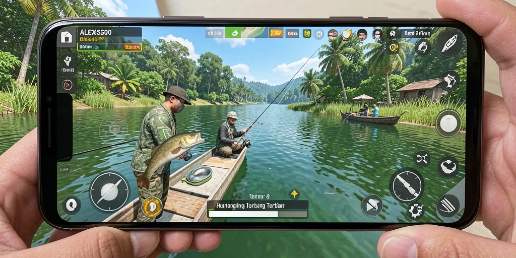 Gameplay ALEXIS500 yang menampilkan pemancing di danau dengan ikan besar.