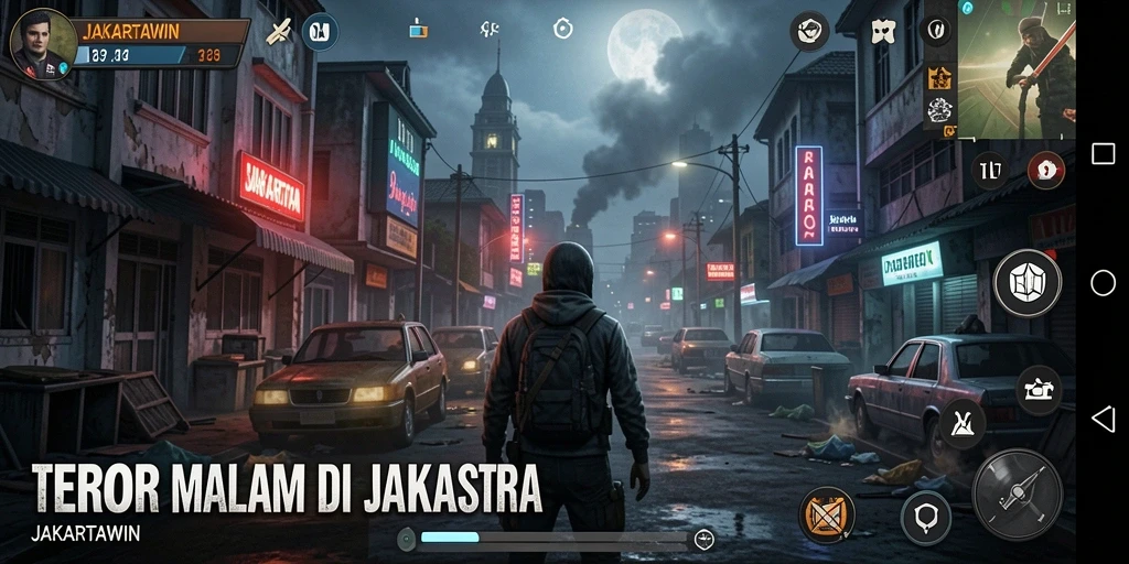 Screenshot JAKARTAWIN menampilkan suasana mencekam dengan efek horor yang nyata.