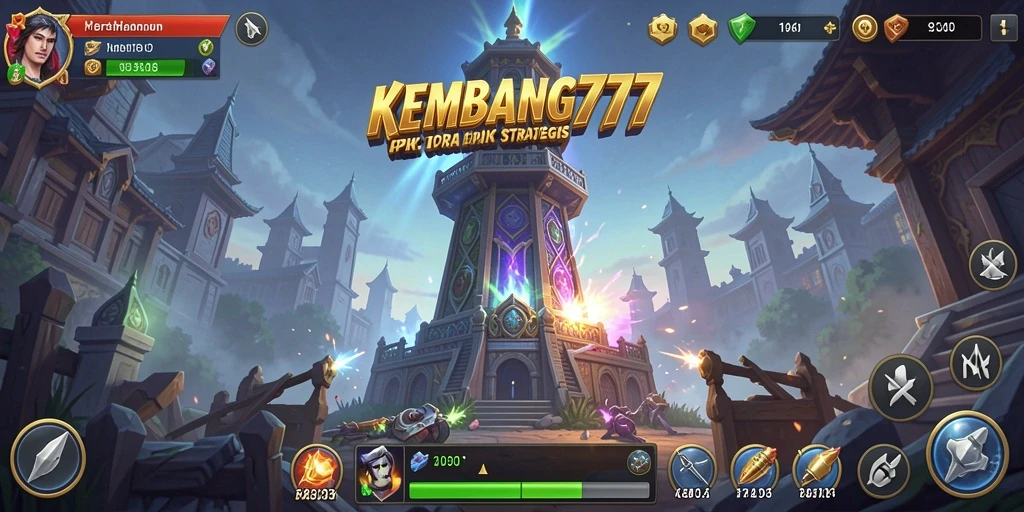 Tampilan gameplay KEMBANG777 dengan pertahanan menara dan serangan musuh.