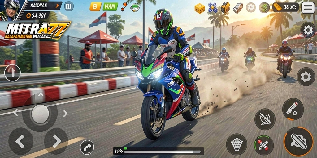 Tampilan gameplay mendebarkan dalam MITRA77 saat balapan motor.