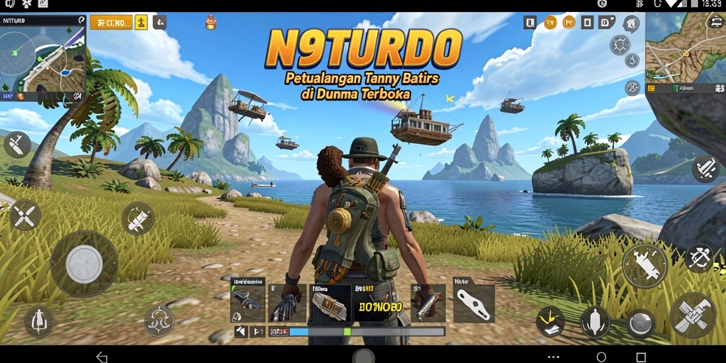 Tampilan gameplay N9TURBO dalam dunia terbuka yang luas.