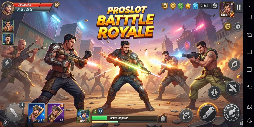 Tangkapan layar gameplay PROSLOT yang menampilkan pertempuran seru Battle Royale.