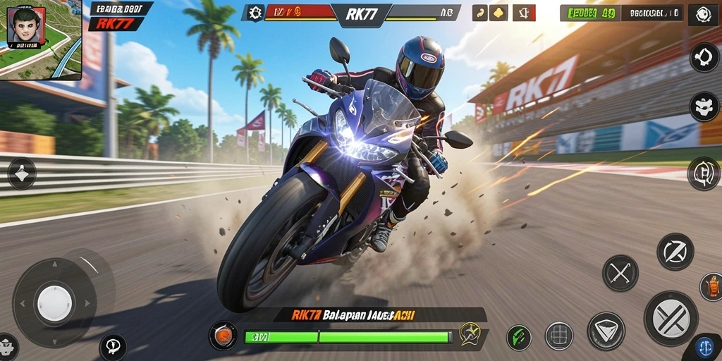 Screenshot gameplay RK77 dengan aksi balapan motor yang mendebarkan.