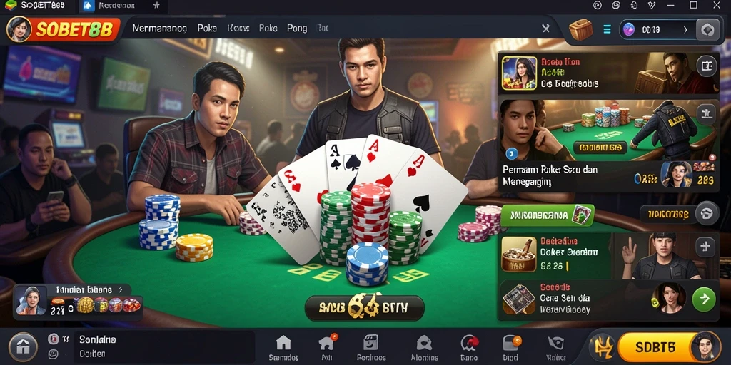 Screenshot menunjukkan tampilan permainan Poker yang mendebarkan dan grafis yang menarik.